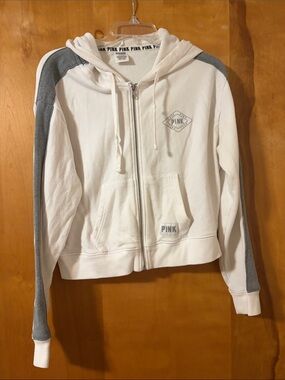 PINK Victoria's Secret White Zip-Up Hoodie with Gray Accents